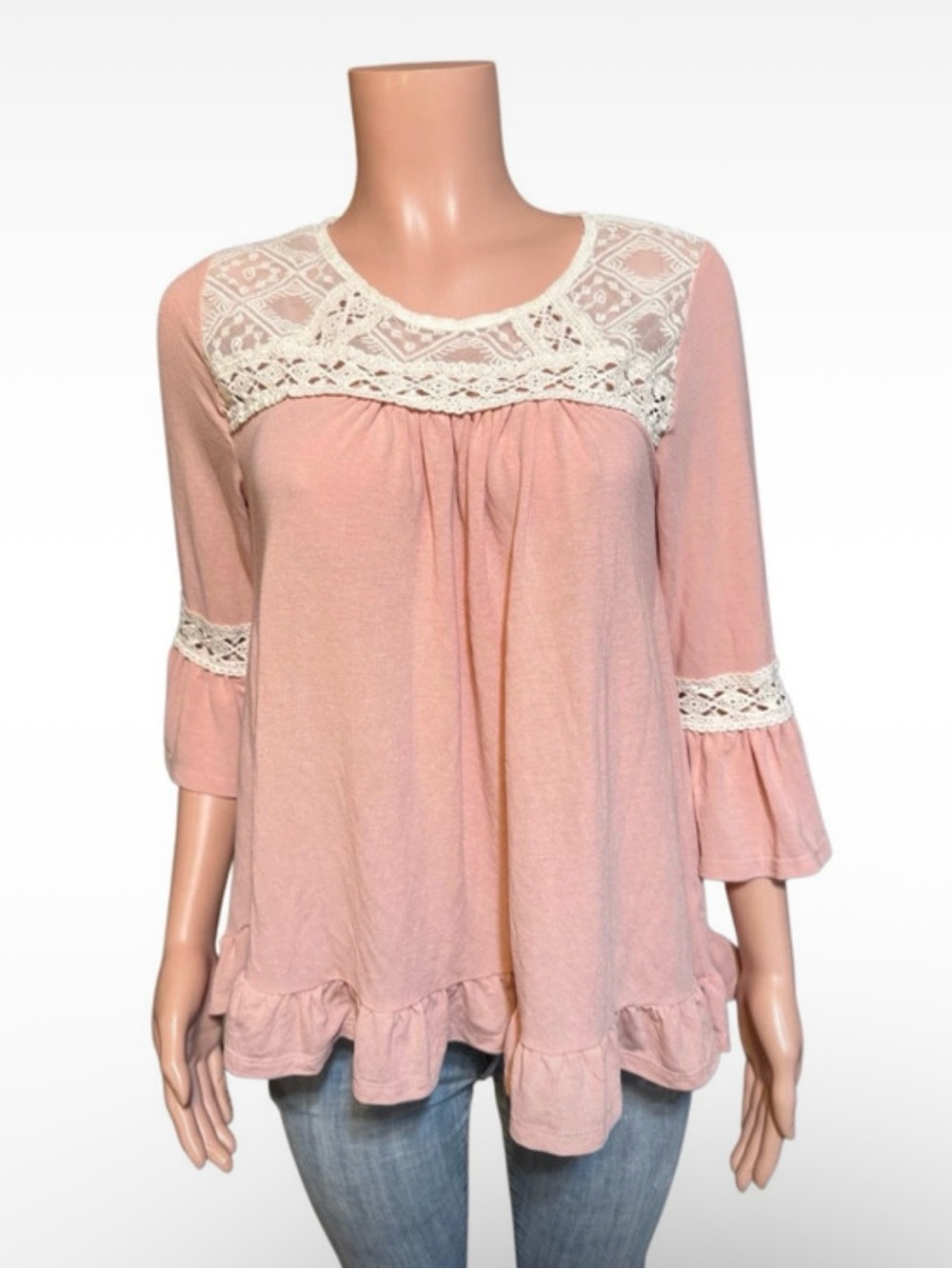 Pink Lace Yoke Ruffle Women's Top S